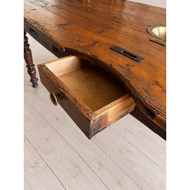 Brown 19th Century European Long Country Table With Turned Legs & Inset Brass Bowl For Sale - Image 8 of 11