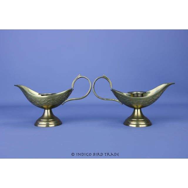 Antique Brass Candlestick Holders Middle East Genie Lamp Style - Set of 2 For Sale - Image 4 of 6
