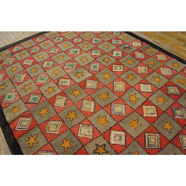 1920s Gray Red Geometric Folk Art Antique American Hooked Rug 6'8" X 7'5" Hand Knotted Wool Carpet For Sale - Image 14 of 15