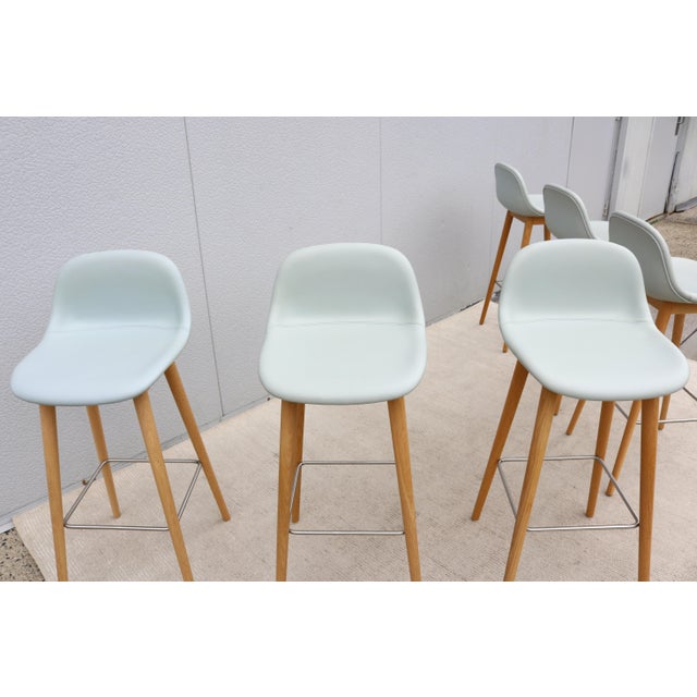 Danish Iskos-Berlin for Muuto Blue Leather Fiber Bar Stools Wood Base - Set of 6 For Sale - Image 14 of 18