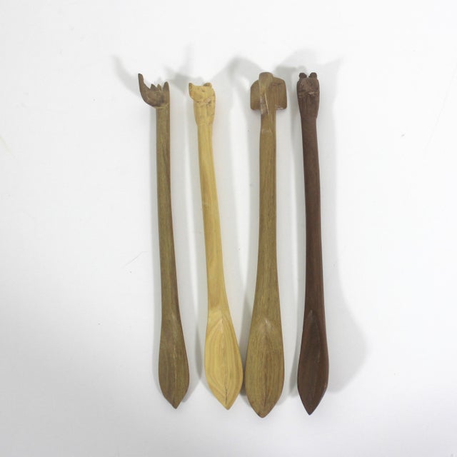 Tribal Vintage Carved Animal Wood Condiment or Sugar Spoons- Set of 4 For Sale - Image 3 of 10