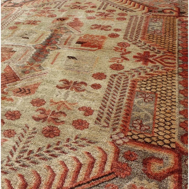 1920s Khotan Antique Rug With Exquisite Tribal Patterns in Gray, Light Blue, Orange For Sale - Image 5 of 7