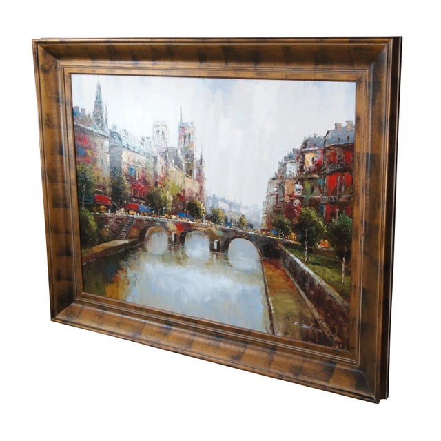 Italian 20th Century C. Giliano Italian Parisian River Cityscape Oil Painting Framed 59" For Sale - Image 3 of 13