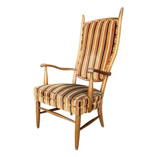 Maxwell Royal Orange and Brown Striped Mid-Century Modern High Back Arm Chair For Sale
