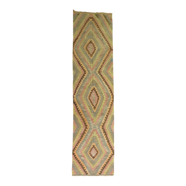 Zabihi Collection Wide Vintage Turkish Kilim Runner - 3'7" x 15'1" For Sale