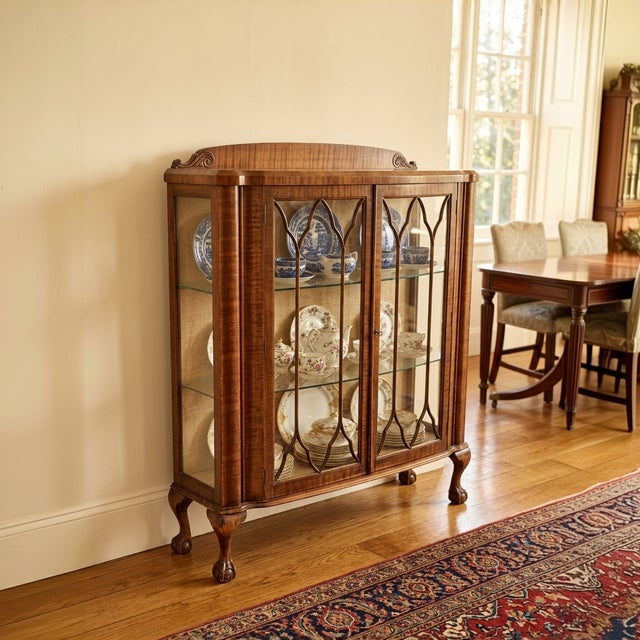 An elegant English Art Deco display cabinet from around 1930, crafted in warm-toned, vividly grained walnut veneer. The...