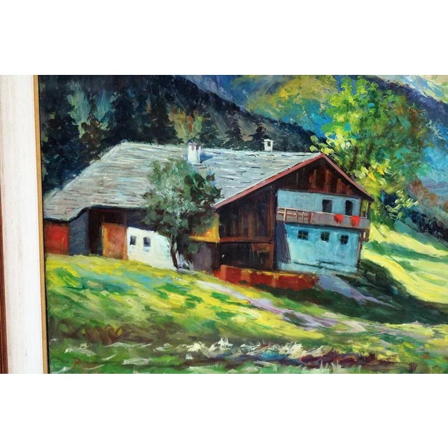 Landscape with the hut in the background the mountains of the Alps built in the 1974 by the Italian painter Piero Leo. Oil...
