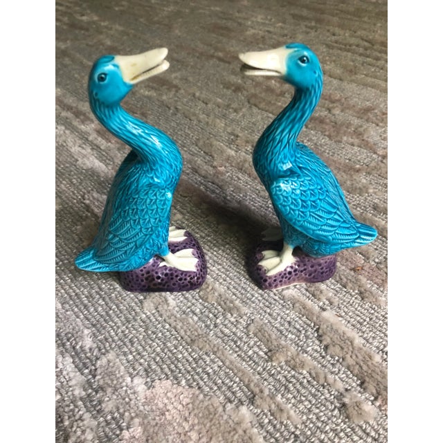 A collection of eight Chinese porcelain ducks, all in brilliant turquoise with spread wings and standing on heliotrope...