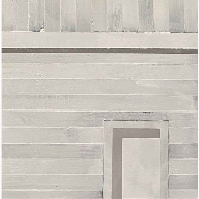 Contemporary Lovely Day by Justin Wheatley | Acrylic on Panel White barn with windows under a blue sky For Sale - Image 3 of 5