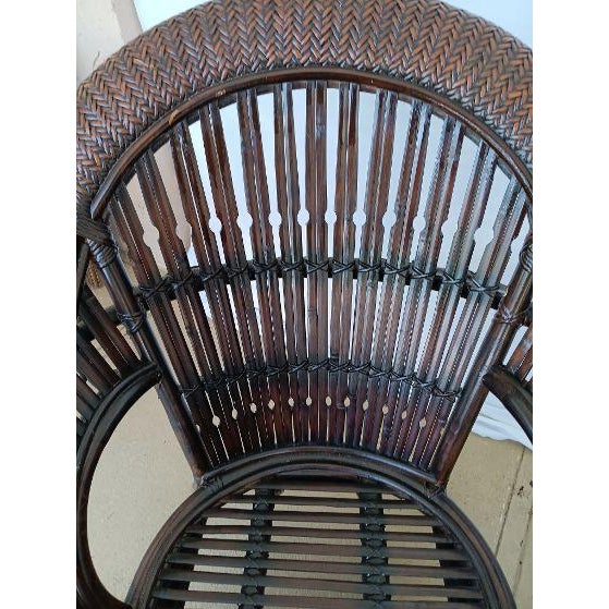 1980s Dark Brown Wicker Rattan Armchairs High Rounded Backs and Open Side Cutouts Set of 2 For Sale - Image 4 of 7