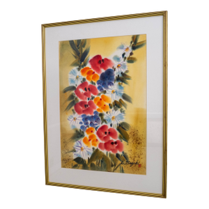 Abstract Still Life Colorful Flowers Watercolor Painting Signed L. Suzuki