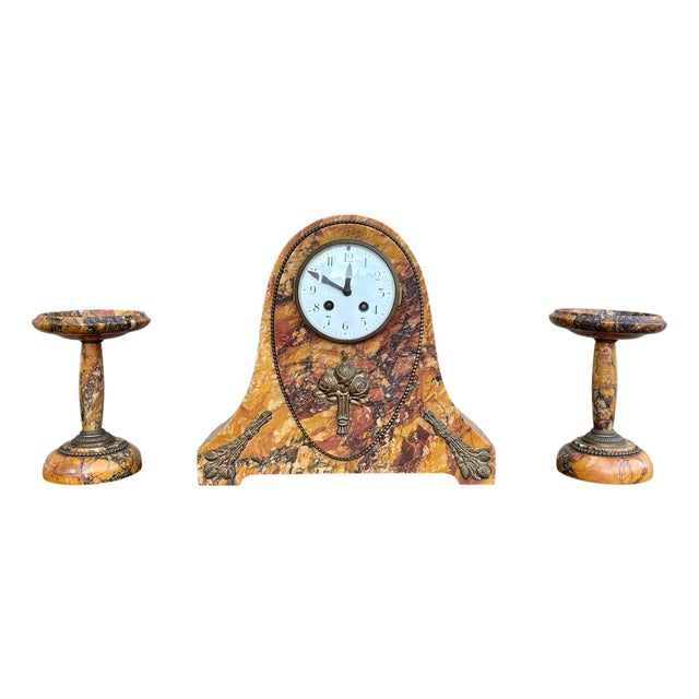 Art Deco Clock with Marble Trim, 1890s, Set of 3 For Sale