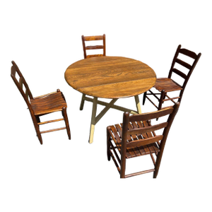 Early 20th Century Round Wooden Dining Table With 4 Ladder-Back Chairs - Set of 5