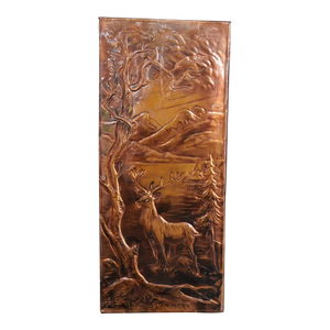 Vintage Mid 20th Century Bariloche, Argentina Deer in Forest Copper Repousse Art, Signed E. Rosa