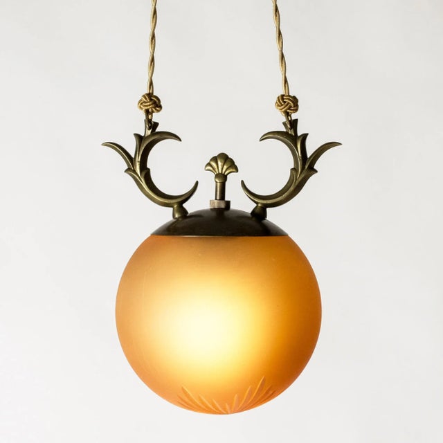 Gold Swedish Grace Brass and Glass Ceiling Light, 1930s For Sale - Image 8 of 8