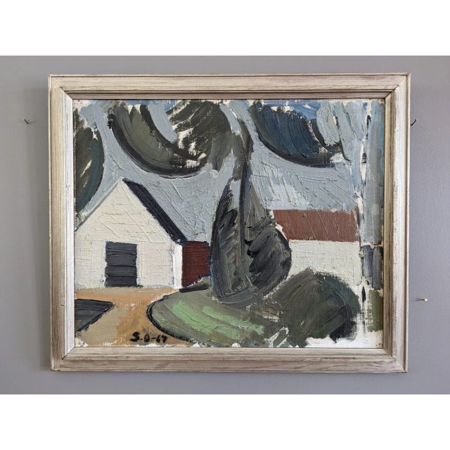 HOUSE BY THE TREES Size: 39 x 47 cm (including frame) Oil on Canvas A very pleasant modernist-style street scene...