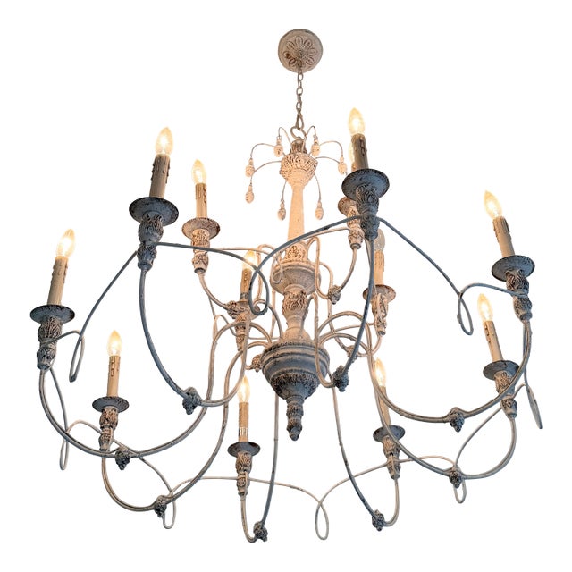French Provincial Style Painted Iron & Crystal Twelve-Light Chandelier For Sale