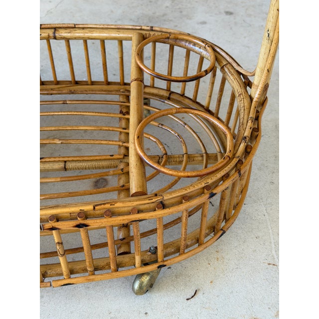 Contemporary Mid-Century Italian Rattan and Bamboo Bar Cart in the Manner of Franco Albini For Sale - Image 3 of 12