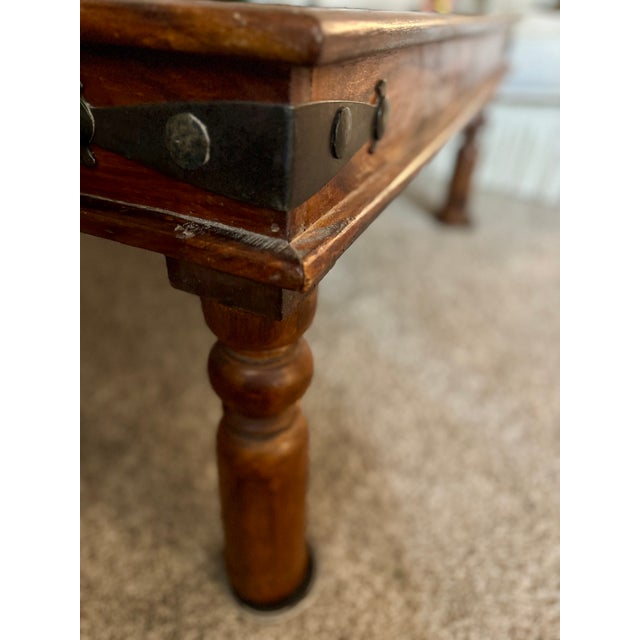 19th Century Reclaimed Indian Door Coffee Table | Hand-Carved Sheesham & Embossed Brass For Sale - Image 4 of 10