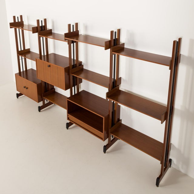 Brown Italian Four Bay Free Standing Wall Unit in the style of Gio Ponti, 1970s For Sale - Image 8 of 18