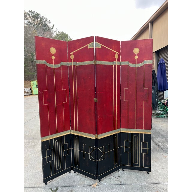 1970s Large Bright Red Art Deco Screen With Gold Accents For Sale - Image 4 of 8