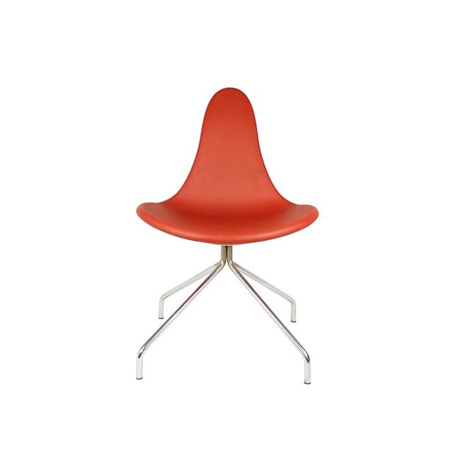 This set i scomposed by 5 dining chairs. Chrome plated metal legs with 4 slats. Plastic feet. Monocoque seat in red soft...