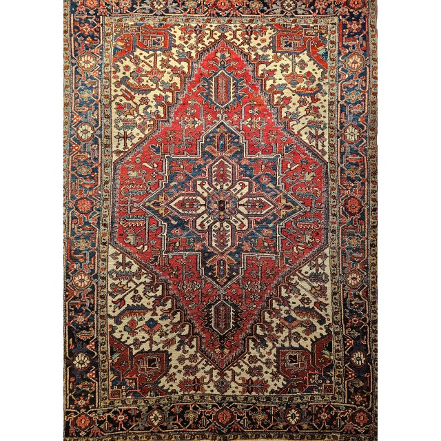 Early 20th Century Persian Heriz, Hand-Knotted Wool, Geometric Pattern, Vegetable Dyes, Red & Navy, 7x9 For Sale - Image 4 of 11