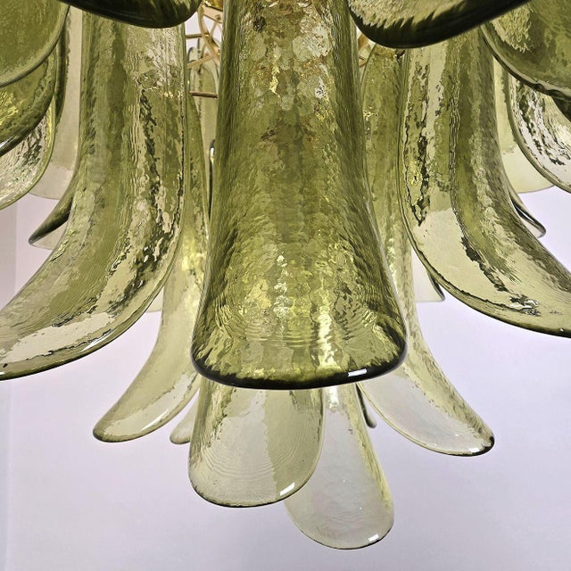 1980s Attributed to Mazzega Murano Glass Olive Green Petal Chandelier For Sale - Image 12 of 14