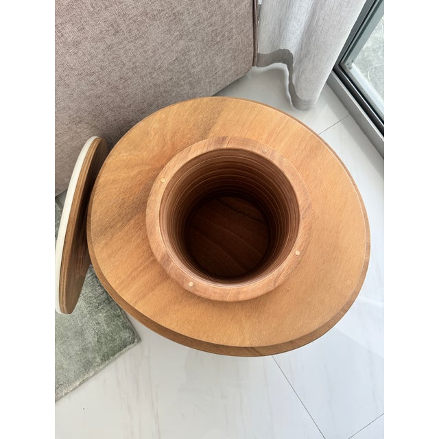 Wood Morelato Sculptural Layered Ash Wood Side Table / Pouf With Leather Top – Italian Design For Sale - Image 7 of 8