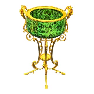 French Style Green Porcelain Cachepot With Gold Leaf & Bronze Accents For Sale