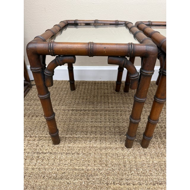 Brown 1970s Vintage Italian Faux Bamboo Side Tables With Mirrored Glass Surfaces, a Pair For Sale - Image 8 of 8