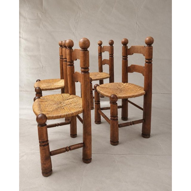 French Oak and Rush Dining Chairs attributed to Charles Dudouyt, 1940s, Set of 4 For Sale - Image 4 of 10