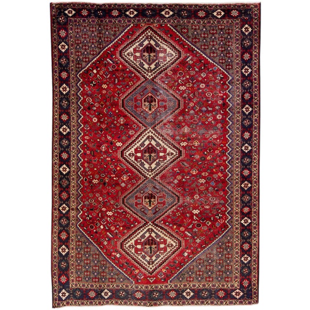 Textile 1960s Vintage Persian Shiraz Handmade Red Medallion Wool Rug For Sale - Image 7 of 7
