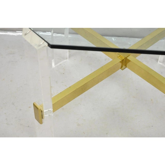 Metal Vintage Mid Century Modern Lucite & Glass Brass Stretcher Occasional Side Table For Sale - Image 7 of 12