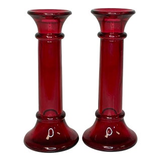 1930s Depression Era Pressed Ruby Red Glass Candle Holders - a Pair For Sale