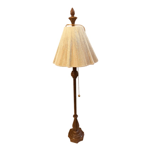 Vintage 38” MCM Marbled Ornate Lamp With Pleated String Shade For Sale