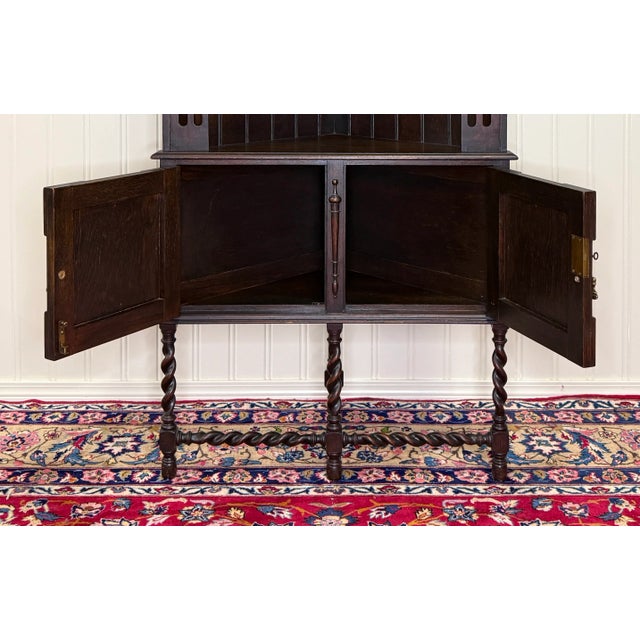 Antique English Jacobean Corner Cabinet Barley Twist Legs Oak Key Tall 1920s For Sale - Image 10 of 18