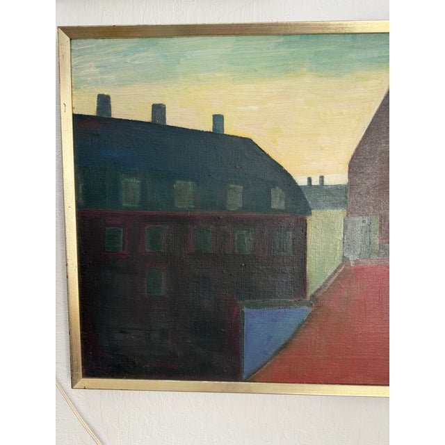 Mid-Century Modern Herman Stilling “Buildings at Dawn” 1959 Framed Oil on Canvas Painting For Sale - Image 3 of 9