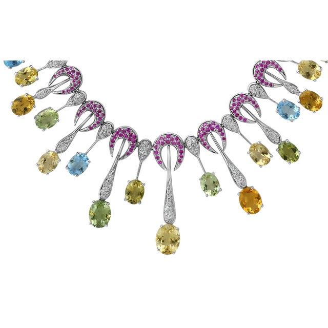 Contemporary 25 Carat Multi-Color Aquamarine and Diamonds Necklace 18 Karat White Gold For Sale - Image 3 of 18