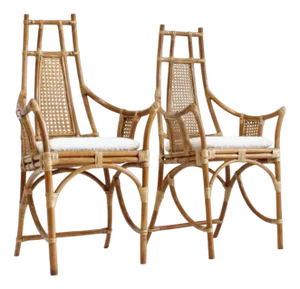 Vintage Bamboo and Rattan Armchairs with Bouclé Cushions, 1970s, Set of 2