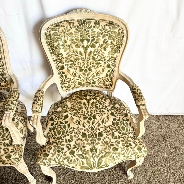 French Provincial Style Foliage Patterned Arm Chairs - A Pair For Sale In Miami - Image 6 of 9