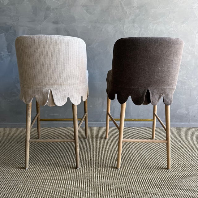 Kate Slip Covered Counter Stool -Ticking 100% Linen With Raw Brass Foot Rail For Sale - Image 11 of 11