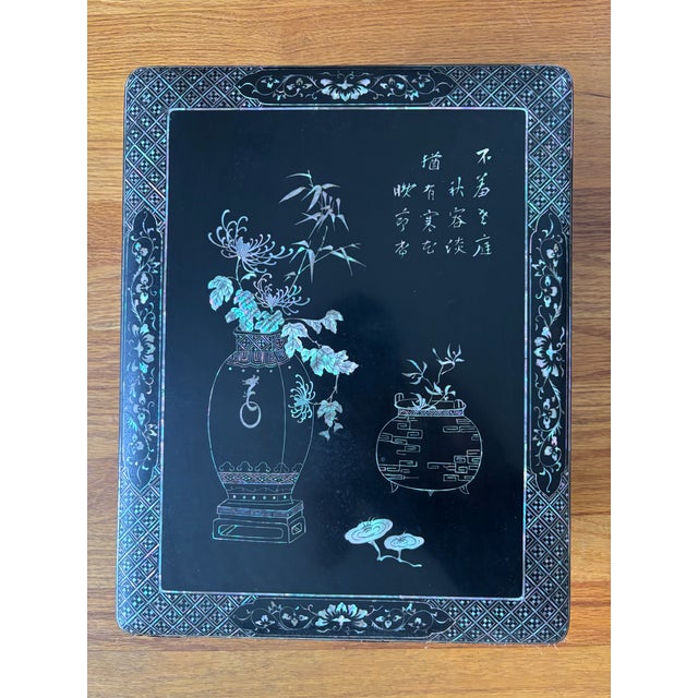 Large Vintage Asian Black Lacquer Box with Mother of Pearl Inlay & Calligraphy This striking Asian black lacquer...