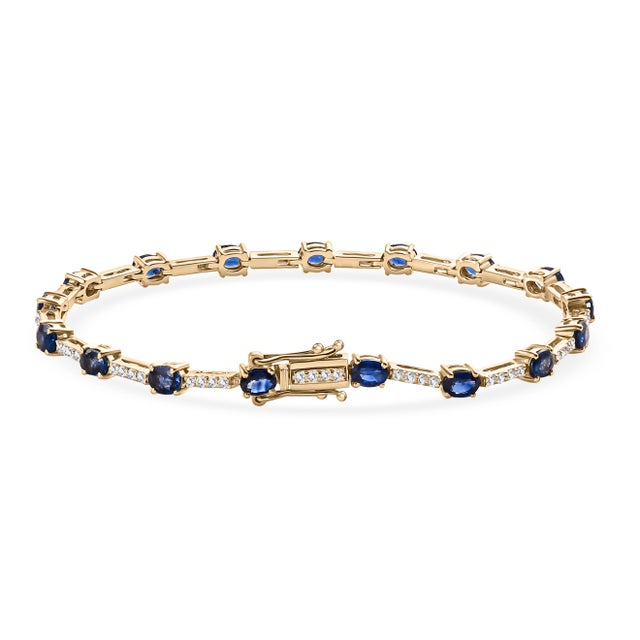 Chic Wedding 14k Yellow Gold Blue Sapphire Bracelet For Sale - Image 4 of 12