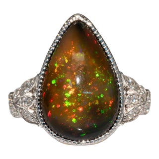 7.5Ct Black Opal Ring With Natural Diamond Accents: Solid 14k Gold, Size 6.75 For Sale