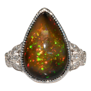 7.5Ct Black Opal Ring With Natural Diamond Accents: Solid 14k Gold, Size 6.75