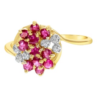 Diamond Ruby Cluster Ring 14k Yellow Gold, Size 4 For Sale