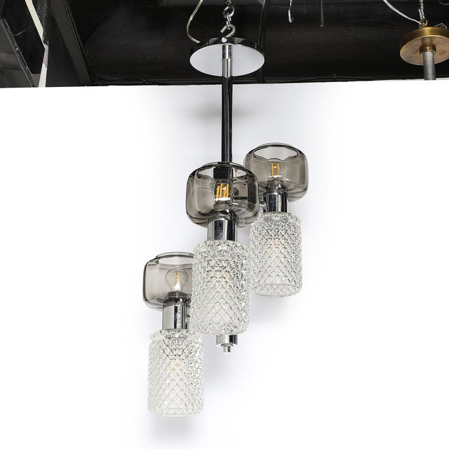 Mid-Century Pressed Crystal & Smoked Murano Glass Staggered 3-Arm Pendant For Sale - Image 11 of 14