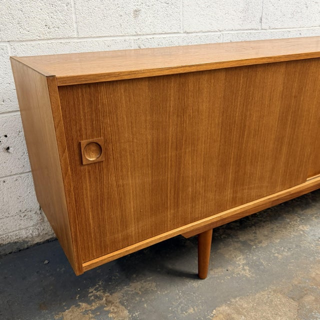 Brown Long Danish Modern Teak Low Sideboard With Sliding Doors, Circa 1960s For Sale - Image 8 of 8
