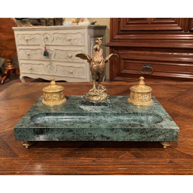 19th Century French Green Marble and Bronze Rooster Inkwell Signed Melotte For Sale In Dallas - Image 6 of 13